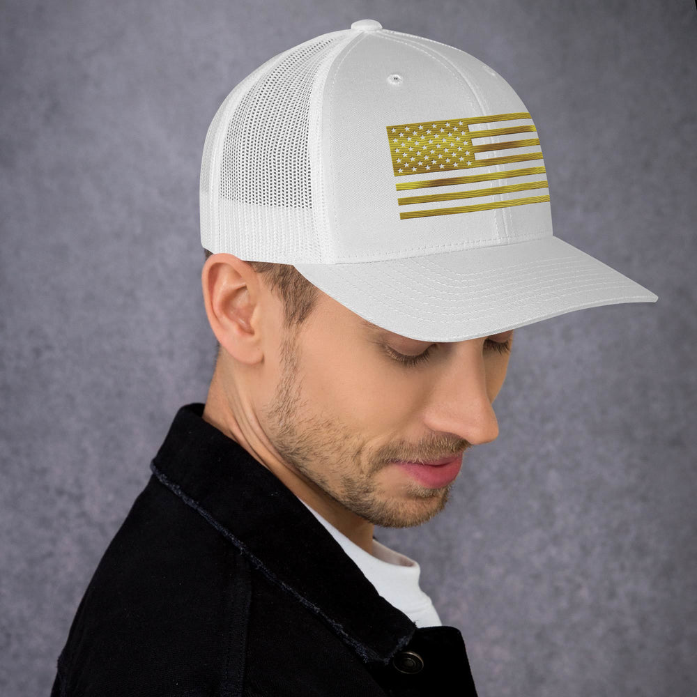 
                  
                    Gold/ White USA Trucker Hat
                  
                